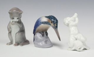 A Royal Copenhagen figure of a cat 576 12cm, a Danish B and G figure of a Kingfisher 1885 11cm and 1 other of a cherub with horn 10cm 