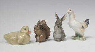 Two Royal Copenhagen figures - rabbit 1019 8cm, squirrel 982 7cm, 2 B and G figures - chicken 10cm and duckling 5cm 