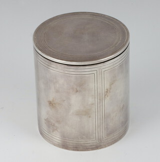 A modern silver cylindrical trinket box in the form of a tin, London 1991, maker C J Vander Ltd., 311 grams 