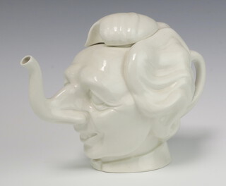 A Carlton Ware Luck and Flaw (Spitting Image) white glazed Margaret Thatcher caricature teapot  22cm 