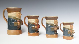 Four Doulton Lambeth salt glazed graduated Toby jugs, bases impressed 8572, 21cm, 15cm, 15cm and 11cm 