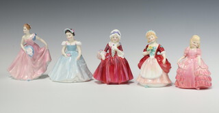 Five Royal Doulton figures - Bridesmaid HN2196, Invitation HN2170, Lavinia HN1955, Valerie HN2107 and Rose N1368 (star crack to base) all 12cm 