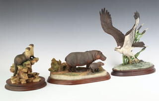 A Border Society Fine Art figure "Together Again" 14cm on a wooden base, ditto "Osprey" B0987 28cm and 1 other "Rhino" 8cm 