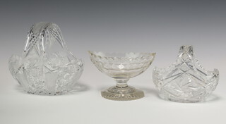 A 19th Century cut glass boat shaped table salt 10cm together with 2 cut glass baskets 12cm and 17cm 