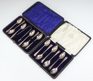 A set of 6 silver Old English pattern teaspoons Sheffield 1919 together with a set of 6 silver rat tail pattern tea spoons and sugar tongs, Sheffield 1903 cased, 150 grams 