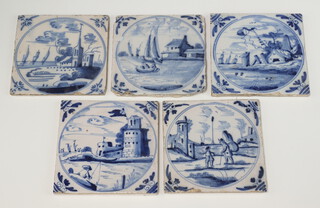 Five 18th/19th Century Delft pottery tiles 13cm x 13cm 