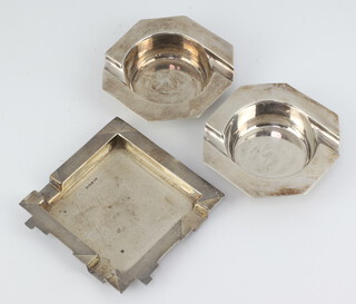 An Art Deco square silver ashtray with engine turned decoration Sheffield 1939 by Walker and Hall, together with 2 white metal ashtrays 196 grams 