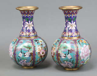 A pair of Japanese cloisonne enamel club shaped vases with panel decoration, decorated birds 26cm h x 13cm diam. 