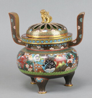 A Japanese twin handled Koro with dog of fo finial, raised on 3 supports 19cm h x 15cm diam. 