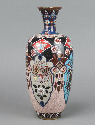 A 19th/20th Century black ground cloisonne club shaped vase with panelled decoration 29cm 