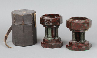 A serpentine octagonal travelling font 14cm x 10cm with original carrying case (chip to rim) together with 1 other 13cm x 11cm (f and r and glued) 