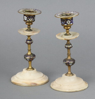 A pair of Victorian alabaster champleve enamel candlesticks 17cm  