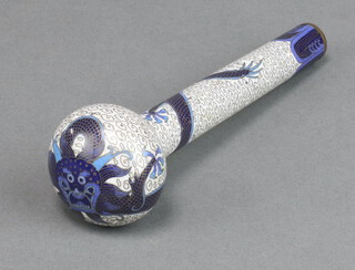 A blue and white cloisonne enamelled parasol handle decorated a dragon 14cm 