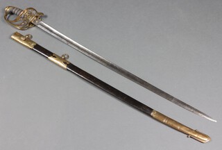 Of Indian Mutiny interest, Wilkinson Pall Mall, a Victorian Infantry Officer's sword, the etched blade with armorial and marked J H W, complete with leather scabbard,  a leather and gilt bullion sword belt, a small quantity of bullion, formerly used and owned by Captain Henry Worsley 1834 - 1864, , together with East India Company Grant of Commission dated 1855, 1 other dated 1857, various letter and correspondence and a watercolour portrait of Captain Worsley in uniform standing beside a table, contained in a maple frame 55cm x 49cm 