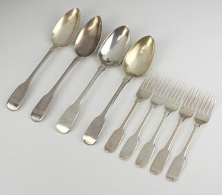 Four George III silver fiddle pattern table spoons London 1816, monogrammed, together with 5 Victorian silver fiddle pattern pudding forks London 1846, 458 grams 
