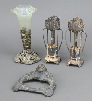 A pair of WMF style pierced metal twin handled epergne 17cm, similar epergne stand with vaseline glass vase 22cm and a cast metal inkwell (f) 14cm  