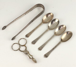 Four early silver dog nose tea spoons (marks rubbed), a pair of Victorian sugar nips London 1867, together with a pair of pierced metal sugar tongs 