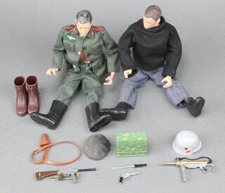 Action Man by Palitoy - a French Resistance Fighter figure, cat no.34113  with radio, machine gun, pistol, holster and helmet, together with a German Storm Trooper figure, cat no. 34111 with helmet, machine gun, pistol, holster, ruck sack and ammo belt and an extra pair of brown boots, both in full outfits 