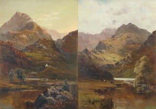 Alfred Augustus Glendening (British 1840-1921), a pair of oil paintings on canvas, mountainous scenes with animals and lakes in the foreground, one signed lower left, 54.5cm h x 39cm w, framed  