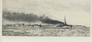 William Lionel Wyllie (British 1851-1931), etching depicting a flotilla of battle ships, signed W L Wyllie 21.5cm h x 44.5cm w, contained in a gilt plaster frame 