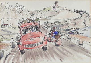 Michael Bentine CBE, (British 1922-1996, comedian, comic actor and founding member of the Goons) watercolour,  highway coastal scene, signed bottom right 33cm h x 46cm w, framed 