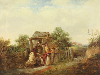 E Bristow, 19th Century oil on canvas "At The Well", signed lower right, 29cm h x 39cm w,  contained in a gilt plaster frame  