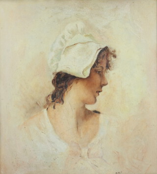 Early 19th Century oil on panel, side profile portrait of a young lady wearing a bonnet, monogrammed M H F,  33.5cm h x  31cm w, contained in a a wooden frame with gilt border  