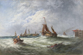 Edwin Hayes (British 1820-1904), oil on board, ships in a squall off a small pier, signed lower left Edwin Hayes RHA, 49cm h x 74cm w contained in a gilt frame 