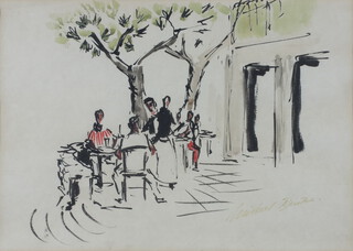 Michael Bentine CBE, (British 1922-1996, comedian, comic actor and founding member of the Goons), watercolour signed, study of an alfresco cafe scene, framed 33.5cm h x 46.5cm w