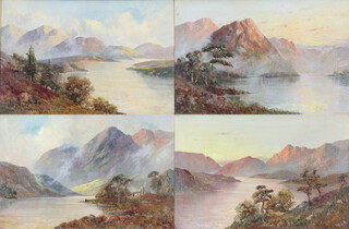 Frances E Jamieson (British 1895-1950), oil paintings on canvas, a set of 4 loch scenes, 2 signed to lower right, 2 signed lower left, 39.5cm h x 49.5cm w, contained in gilt plaster frames