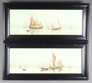 Garmon Morris (British, Act. 1900-1930) a pair of watercolours "Hazy Morn and Misty Sunrise", fishing boats at sea, signed to bottom right,  18cm h x 52cm w, framed 