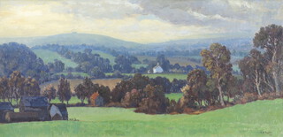 C.F.Taylor,  20th Century oil on canvas "Across The Weald, View From Sharpenhurst", signed and dated 1950 to bottom right, 53cm x 109cm  contained in a plaster frame with Brighton Art Gallery, Sussex Artist Exhibition 1958 label to reverse