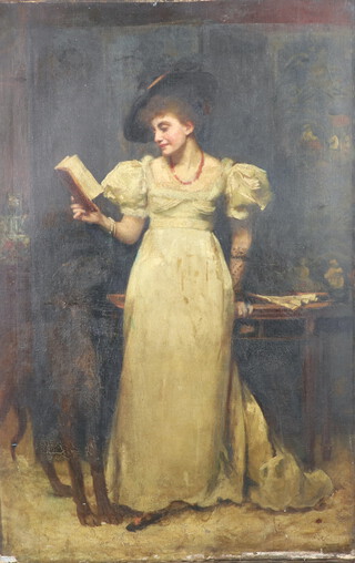 Oil painting on canvas, a Victorian portrait of a lady reading to a wolfhound, unframed and unsigned 102cm h x 65.5cm w 