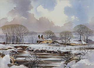 Isobel M Castle, watercolours,  a set of 3 Kentish winter scenes, 40.5cm h x 55.5cm w and a pair 13.5cm h x 19cm w, all contained in a gilt frames  