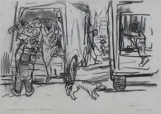 ** Peter Howson (Scottish 1958), charcoal on paper "Refugees Arriving at Travnik", signed lower left, 29.5cm h x 41.5cm w, framed, Flowers East Gallery label on verso (Gallery No. 19553)  ** Please Note - Artist's Re-sale Rights may be payable on this lot