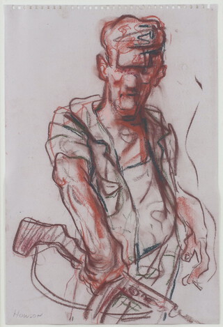 ** Peter Howson (Scottish 1958), conte on paper,  "HVO" depicting a male soldier holding a rifle, signed lower left, 45.5cm h x 30cm w, framed,  Flowers East Gallery label on verso (Gallery No. 19724) ** Please Note - Artist's Re-sale Rights may be payable on this lot