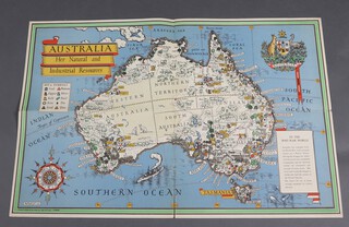 Gill Macdonald (English 1884 to 1947, Lesley MacDonald Gill), a colour poster (lithograph in colours) "Australia Her Natural and Industrial Resources",  printed by Alf Cooks Ltd London 1946,  75cm w x 50cm h 