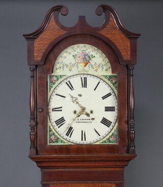 W Graham Cockermouth, an 19th Century 8 day striking longcase clock, the 34cm arched floral painted dial with Roman numerals, calendar aperture, contained in an inlaid oak case complete with weights and pendulum 220cm h 