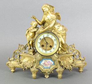 Samual Marty, a 19th Century French 8 day mantel clock with enamelled dial, Arabic numerals, marked EX Benetfink & Co London, contained in a gilt ormolu case with floral porcelain plaque depicting a female figure of education with horseman and cart to the centre 37cm h x 41cm w x 11cm d 