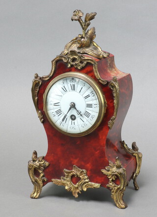 J Martin, A 19th Century French 8 day timepiece with enamelled dial, Roman numerals, contained in a shaped tortoiseshell effect and gilt metal case, complete with pendulum, the back plated marked 4022 32cm h x 16cm w x 11cm d 