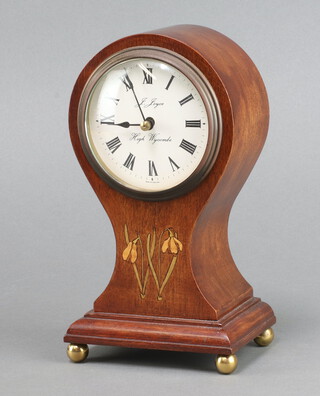 Fema, an Edwardian style timepiece with 8cm paper dial marked F Joyce High Wycombe, contained in an inlaid mahogany balloon shaped case 22cm h x 11cm w x 8cm d, complete with key 