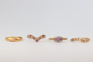 Three 9ct yellow gold gem set dress rings and 1 other, sizes R, Q, P and N, gross weight 5.9 grams 
