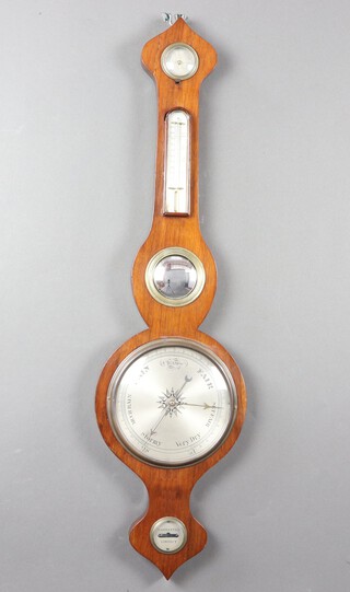 An 18th/19th Century mercury wheel barometer and thermometer with damp/dry indicator, thermometer mirror and spirit level, contained in a mahogany case 95cm h x 25cm 