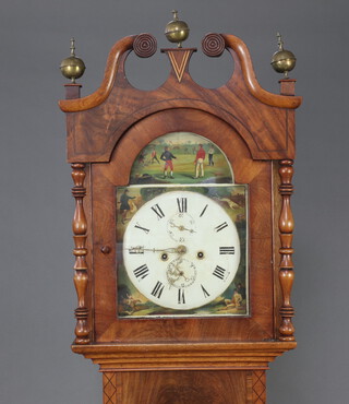 An 18th Century 8 day striking longcase clock, the 30cm arched dial decorated cricket and hunting scenes, with minute indicator and calendar dial, complete with weights and key, contained in an oak and mahogany case  213cm h, complete with key, pendulum and weights 