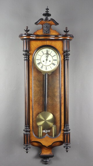 A Vienna style striking regulator with 16cm enamelled dial, Roman numerals, contained in a walnut case 124cm h x 34cm w x 16cm d 