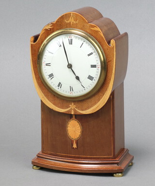 Albert Villiem, a French 8 day bedroom timepiece with 8cm enamelled dial, Roman numerals, contained in a shaped inlaid mahogany case 24cm h x 6cm w x 12cm, complete with key 