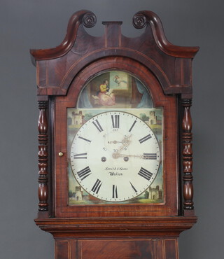 Smith and Sons of Walton, an 18th Century 8 day longcase clock, the 35cm arched painted dial decorated religious scenes, having Roman numerals and  subsidiary second hand, complete with pendulum and weights, contained in an inlaid oak case 238cm 