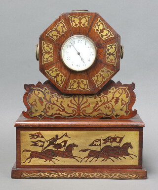 A timepiece with 8cm enamelled dial, Arabic numerals, contained  in a rosewood and inlaid brass case 44cm h x 34cm w x 15cm d 