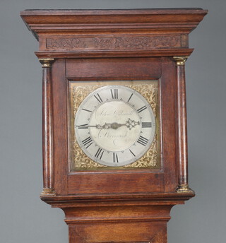 John Dandswel, an 18th Century 30 hour longcase clock with birdcage movement, the 25cm gilt dial with gilt metal spandrels, silvered chapter ring, Roman numerals, marked John Dandswel, Burwash, complete with pendulum and weight, contained in an oak case 