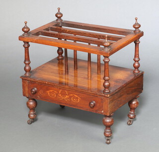 A Victorian inlaid mahogany 3 section Canterbury the base fitted a drawer, raised on turned supports 57cm h x 51cm w x 35cm d 